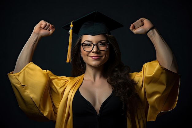 Young university graduate girl doing strong gesture