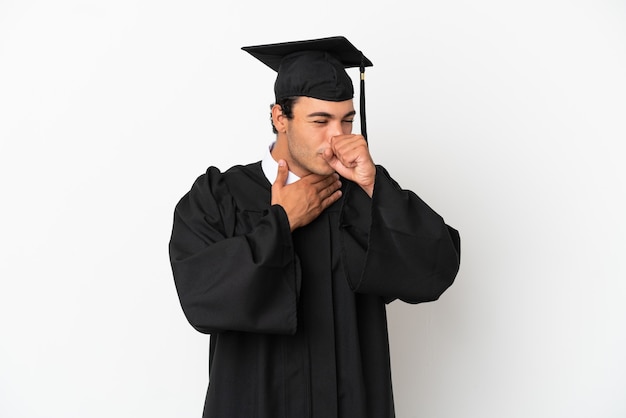 Young university graduate over isolated white background is suffering with cough and feeling bad