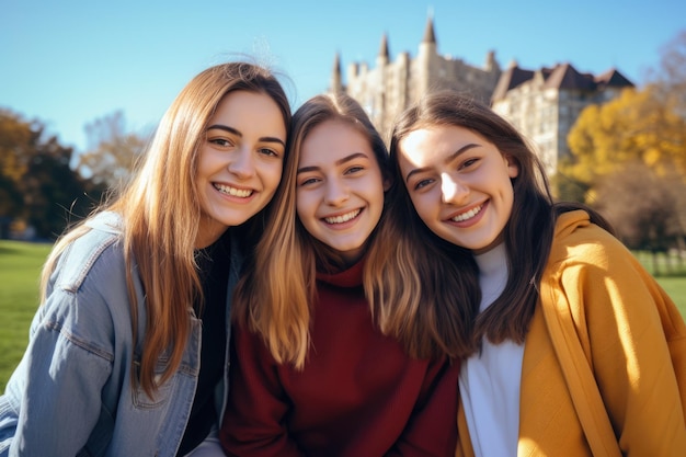 young university student girl friends enjoying sunny day in campus of university