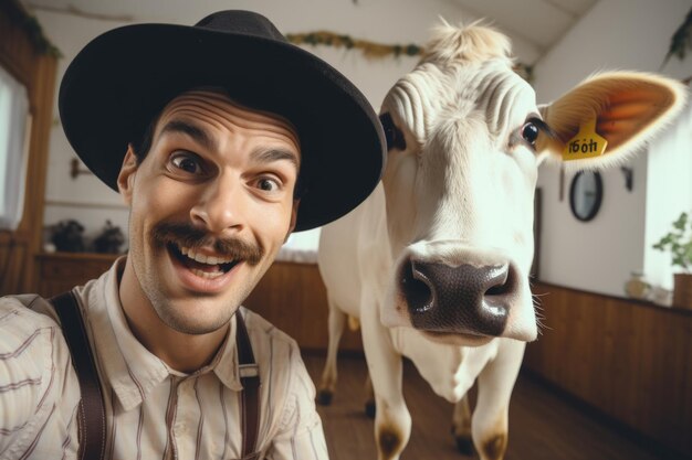 Foto un giovane veterinario si fa un selfie con una mucca in fattoria