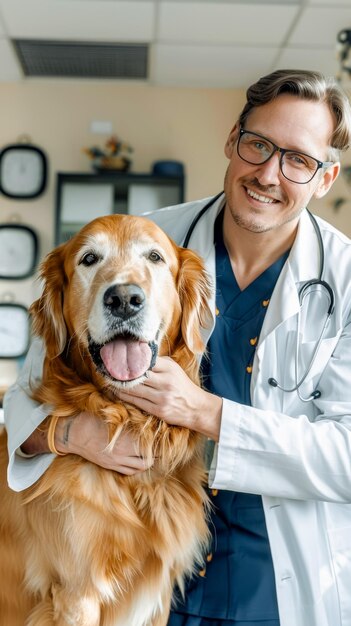 안경 을 입은 젊은 수의사 가 고귀 한 건강 한 골든 리트리버 애완 동물 을 현대적 인 환경 에서 애용 하고 있다