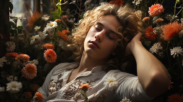 Young victorian style man relaxing sleeping over a lot of flowers colorful eau de toilette essence