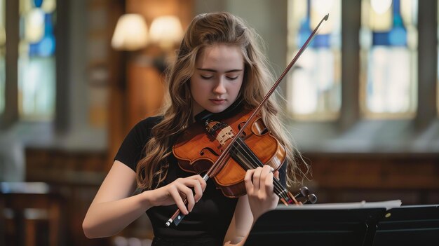 Photo young violinist playing her violin with eyes closed in a dimly lit room with stained glass windows in the background