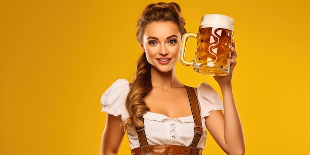 A young waitress dressed in a traditional Bavarian or German dirndl serves large beer mugs with a drink