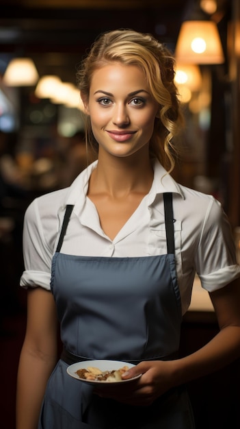 A young waitress holding a plate of tasty dish