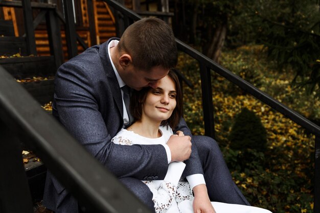 Young wedding couple in autumn