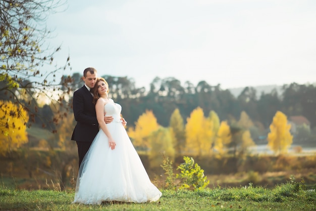 Foto giovani sposi godendo momenti romantici fuori su un prato estivo