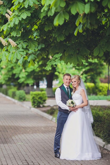 Young wedding couple enjoying romantic moments