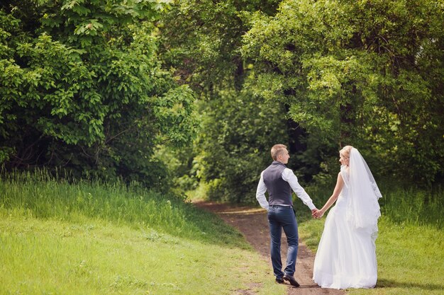 Young wedding couple enjoying romantic moments