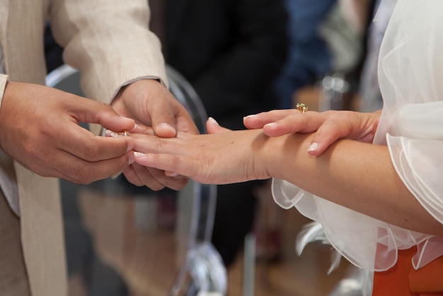 Young wedding couple exchange wedding rings