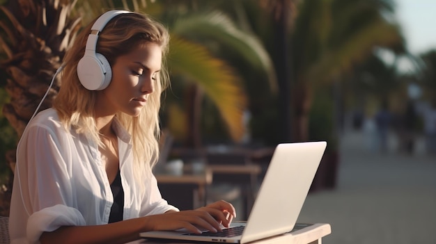 young white female working with her laptop on relaxing beachside atmosphere background