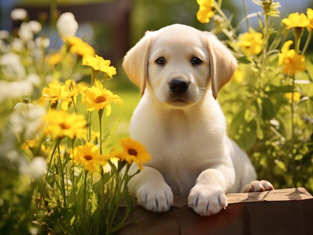 Foto giovane cucciolo bianco di labrador nel giardino dei fiori