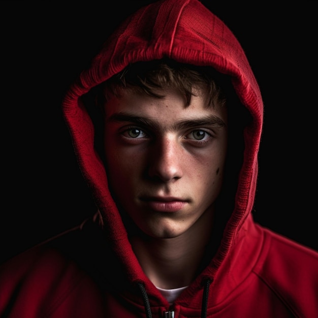 Photo young white man trying to not laugh in a red hoodie and black jeans full body white background