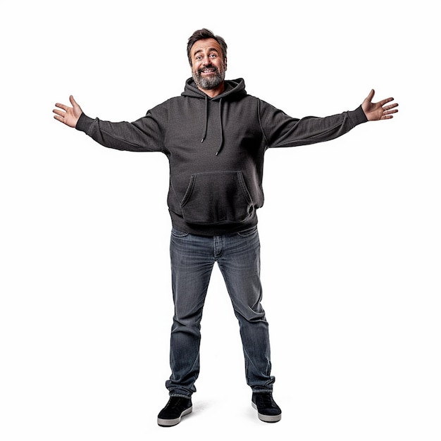 Photo young white man trying to not laugh in a red hoodie and black jeans full body white background