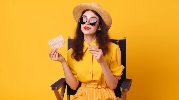 Young winner in summer clothing sits in deckchair holding passport ticket on a basic yellow background Generative AI