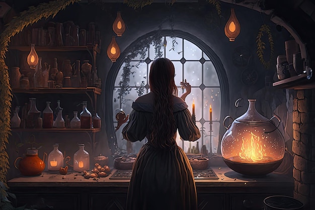 Young witch or fortune teller on her house creating spell