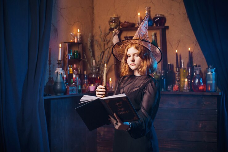 Young witch in home. Halloween concept