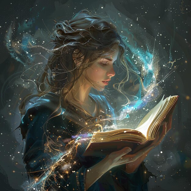 a young witch is holding a magic book