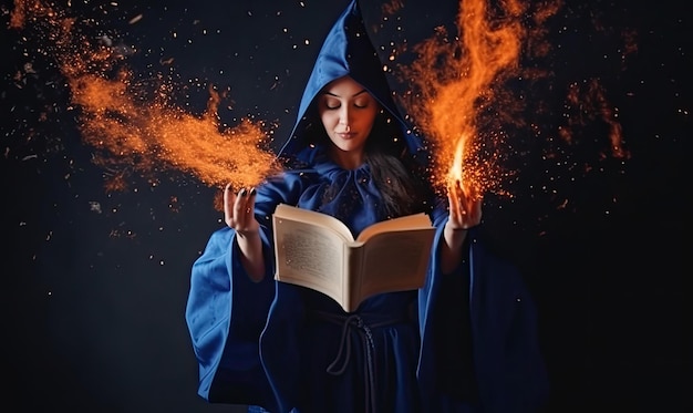 Молодая ведьма с огненными волосами держит открытую книгу заклинаний Создание с использованием генеративных инструментов искусственного интеллекта