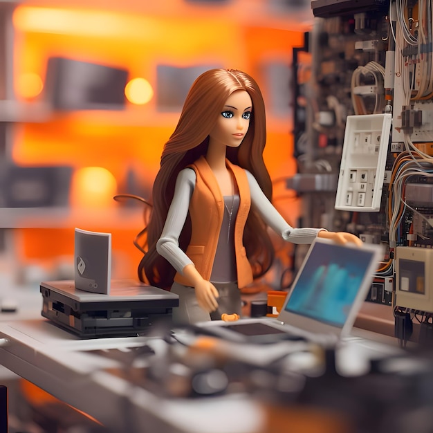 Young with long brown hair Barbie in front of a computer at work