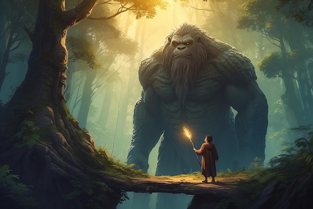 young wizard with magic staff and giant creature looking at each other in the forest digital art style illustration painting