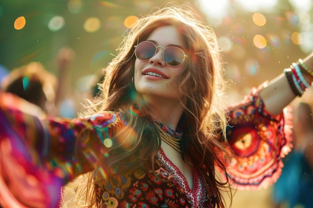 Foto una giovane donna nella moda degli anni '60 che balla ad un festival di musica psichedelica