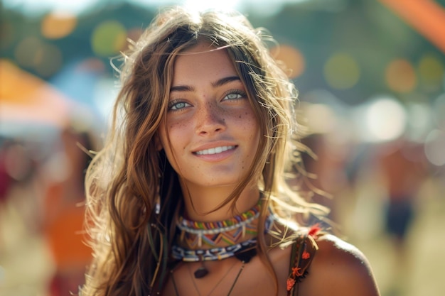 A young woman at a 1960s music festival embodying the spirit of the hippie movement