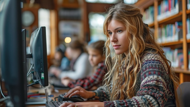 Foto giovane donna assorbita dalla sessione di studio in biblioteca