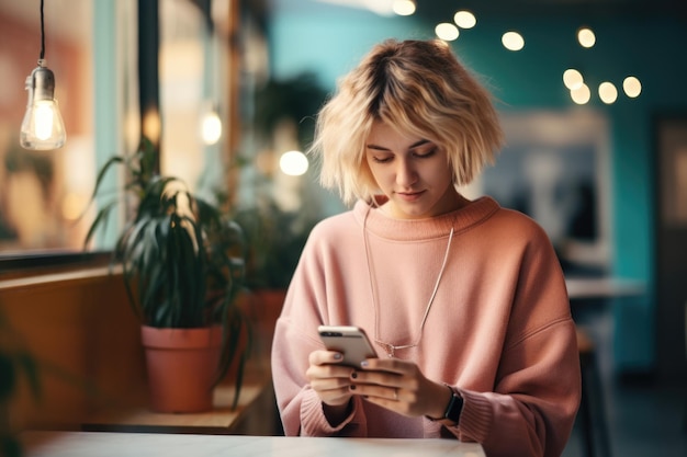 Young woman absorbed in smartphone use Concept of digital engagement