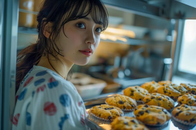 Молодая женщина, восхищающаяся свежевыпеченными печеньями в пекарне, демонстрирует теплую и уютную атмосферу