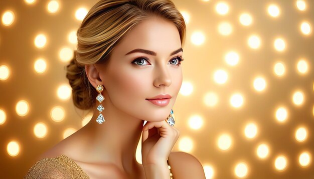 Photo young woman adorned in exquisite jewelry on light background