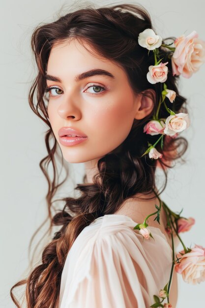 Young Woman Adorned With a Delicate Floral Crown Posing in Soft Natural Light