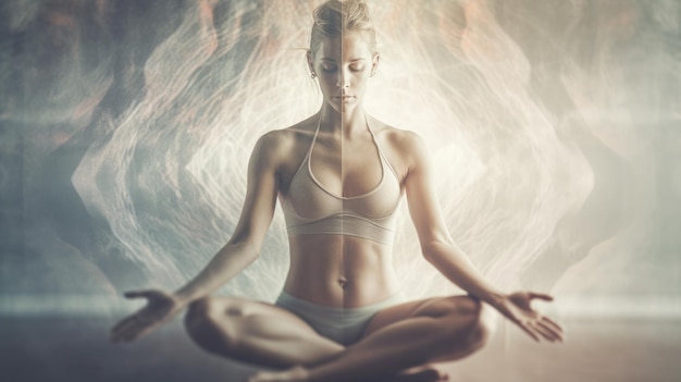 Young woman in advanced yoga pose double exposure energy ripple in the body heroic Generative AI AIG20