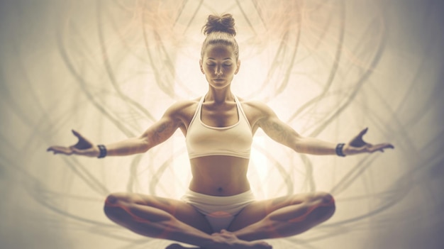 Young woman in advanced yoga pose double exposure energy ripple in the body heroic Generative AI AIG20