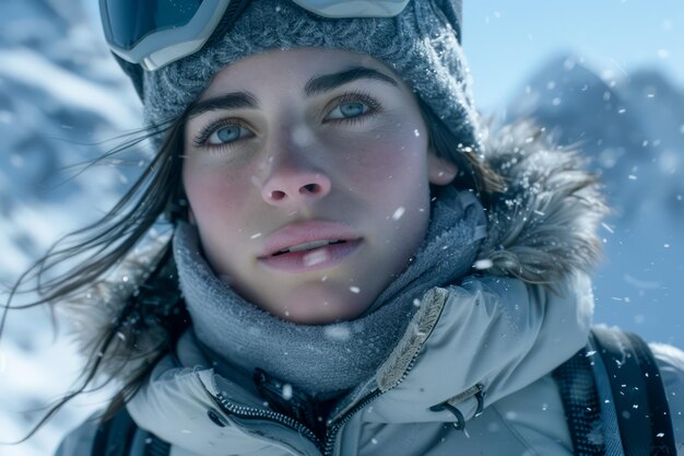 Young Woman Adventurer Braving Snowy Winter Weather in Mountainous Landscape Portrait of Female