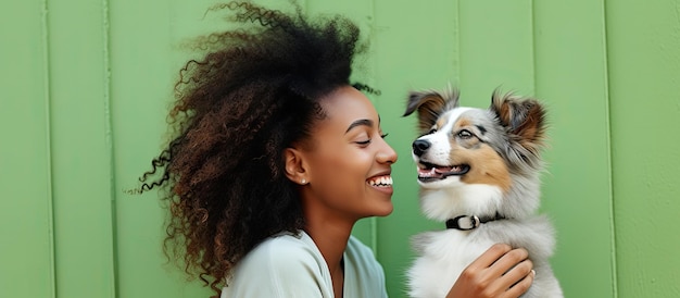 Photo young woman of african descent admires comical print of dog playfully emulates kissing gesture against light green backdrop outdoor portrait of attractive