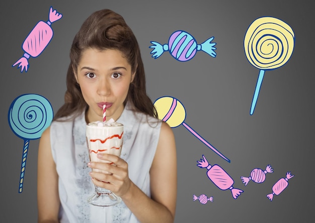 クリーミーな甘い飲み物とお菓子のイラストの品揃えと灰色の背景の若い女性