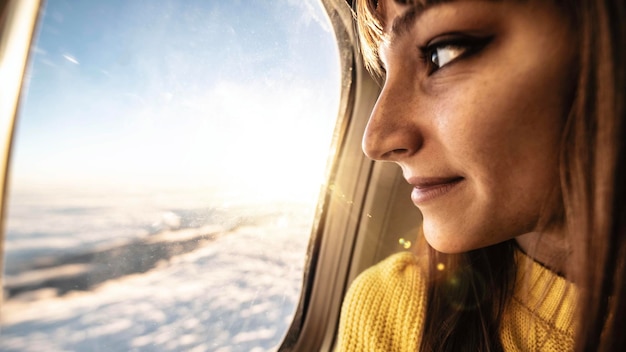 Young woman airplane passenger looking the sky from cabin window