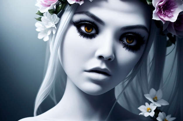 젊은 여성 알비노 머리에 창백한 피부 화장 꽃을 가진 아름다운 소녀 Generative AI
