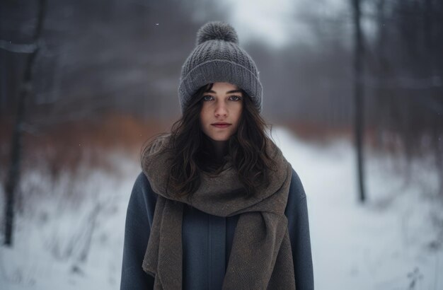 눈 덮인 숲에 혼자 있는 젊은 여자