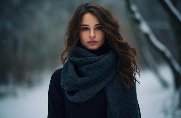 Young woman alone in a snowy forest