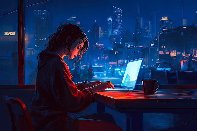 집에서 혼자 노트북으로 일하는 젊은 여성 원격 작업 개념 일러스트레이션 Generative AI