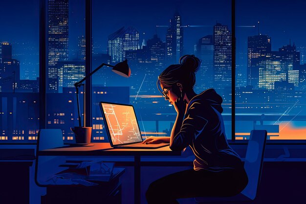 Young woman alone working at home with her laptop Remote work concept illustration Generative AI