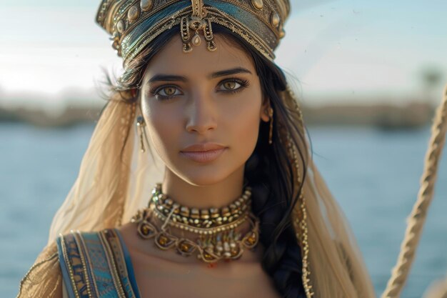 Photo a young woman in ancient egyptian attire standing by the nile