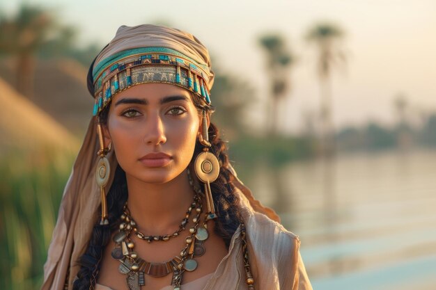 Photo a young woman in ancient egyptian attire standing by the nile