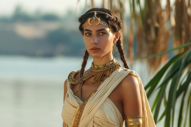 A young woman in ancient Egyptian attire standing by the Nile