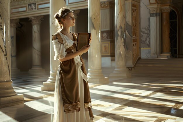 Photo a young woman in ancient roman attire holding a scroll in a marble courtyard