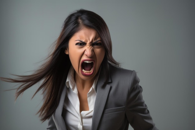 young woman angry expression against wall background ai generated