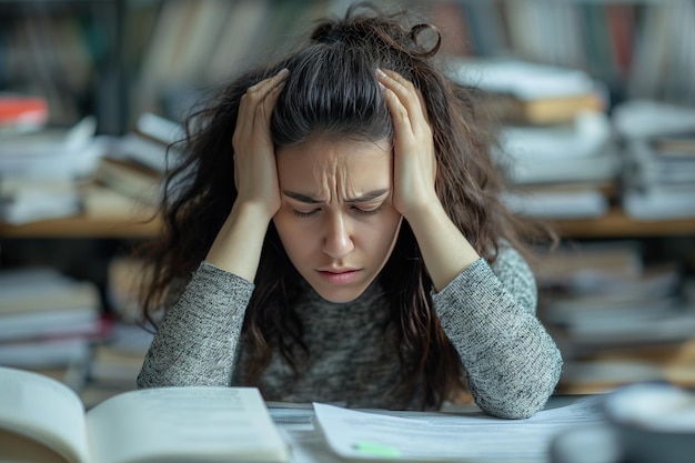 Photo a young woman appears stressed and fatigued holding her head in her hands while working on a project with a looming deadline