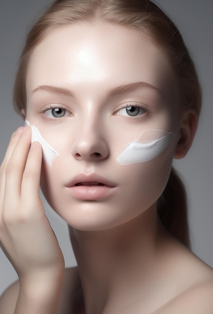 A young woman applying cream on her face.